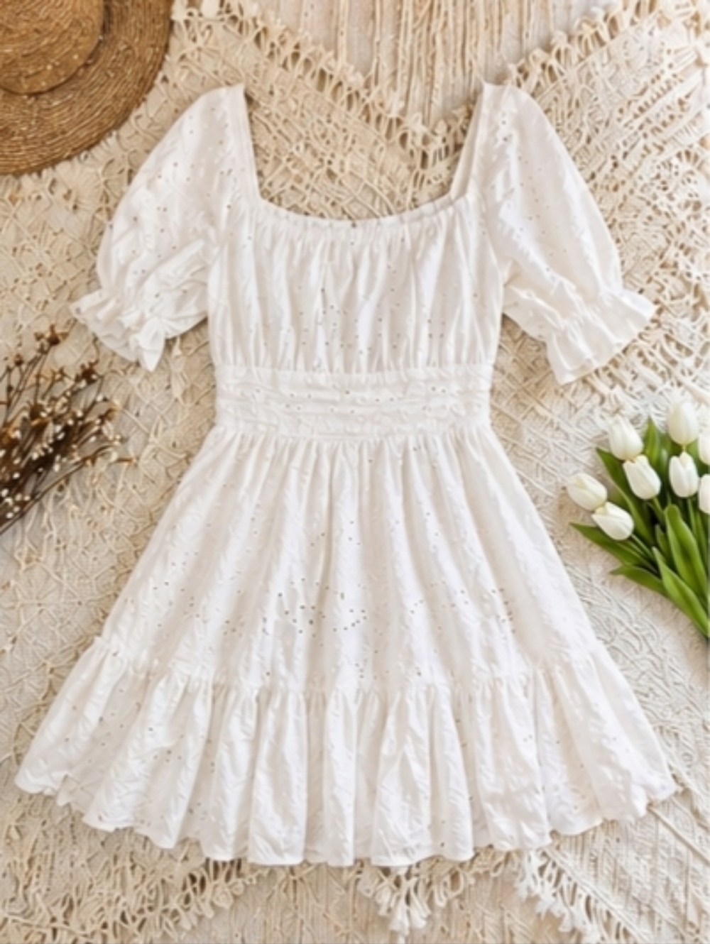 Indikah White Eyelet Cottagecore Dress | Boho Peasant Milkmaid Summer Mini Linen